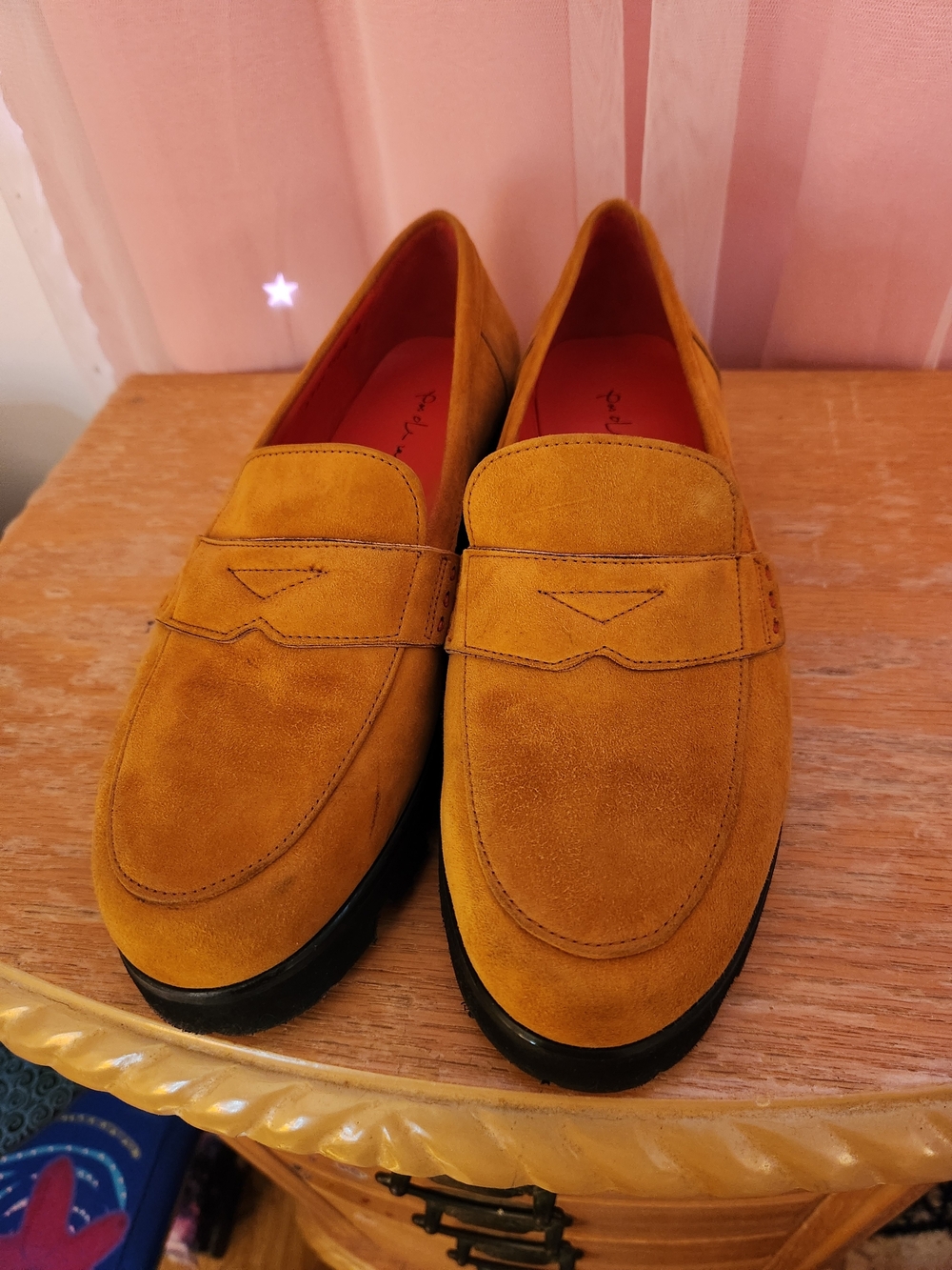 Pas de Rouge Mustard Yellow Suede Women's Penny Loafers NEW
